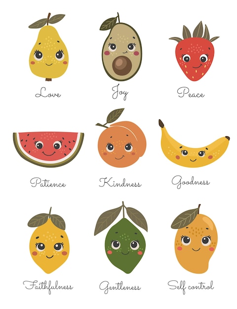 Vrucht van de geest ontwerp vector boho fruit set baby poster kinderen ontwerpen christelijke kunst