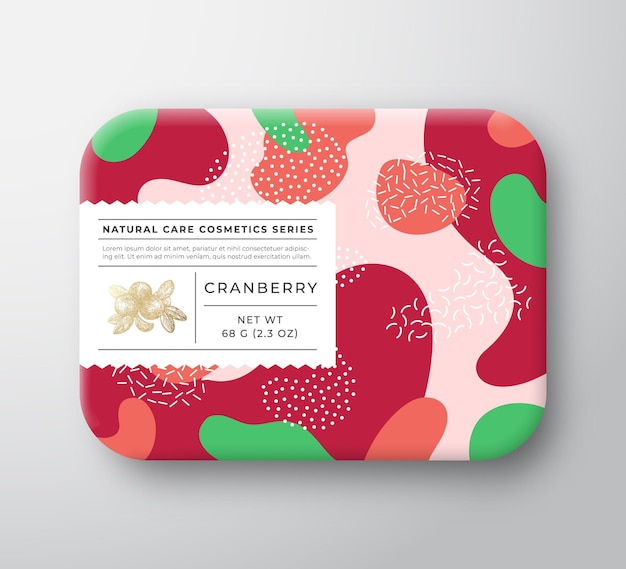 Vruchten bad cosmetica vak vector verpakt papieren container met zorg label cover verpakking ontwerp moderne typografie en handgetekende cranberry bessen camo achtergrondpatroon lay-out