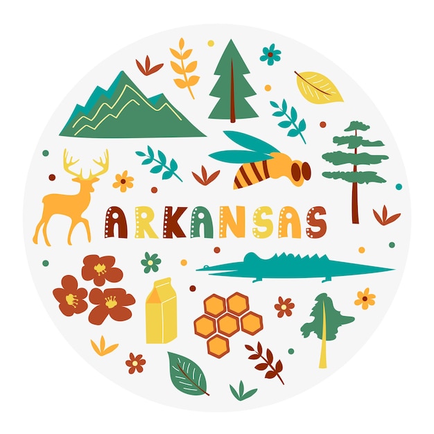 Vs collectie. vectorillustratie van het thema van arkansas. staatssymbolen - ronde vorm