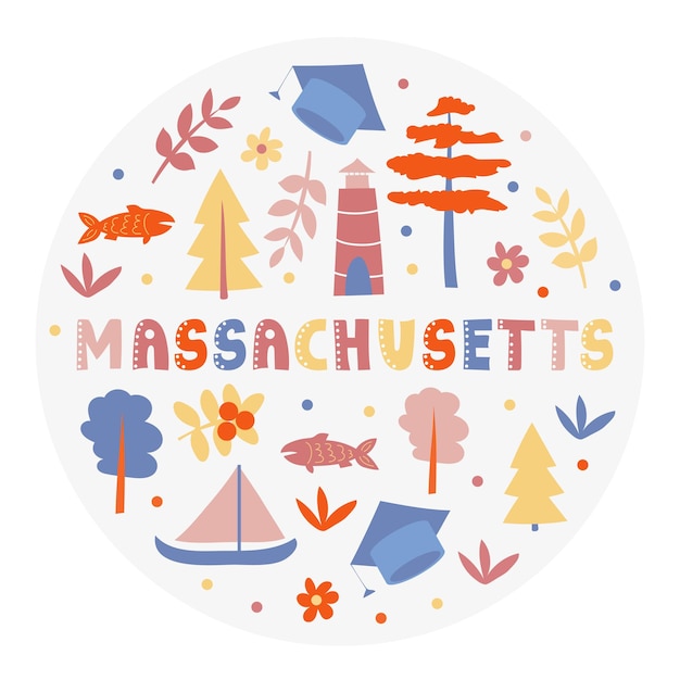 Vs collectie. vectorillustratie van massachusetts thema. staatssymbolen - ronde vorm