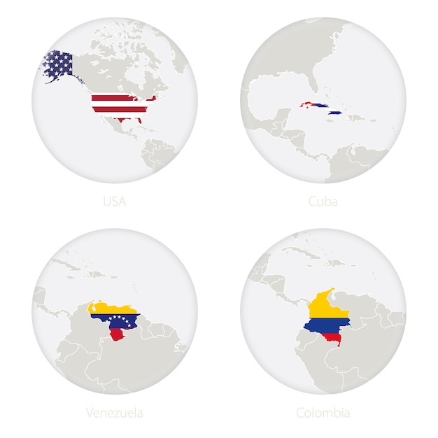 Vector vs, cuba, venezuela, colombia kaart contour en nationale vlag in een cirkel. vectorillustratie.