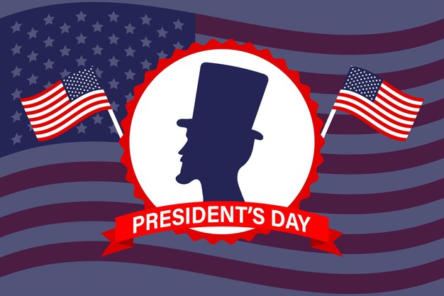 VS President's Day spandoek. Silhouet van Lincoln in profiel, felicitatietekst en Amerikaanse vlaggen.