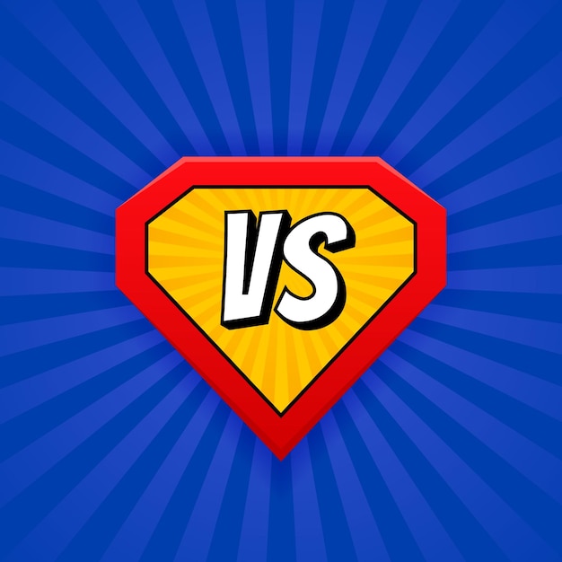 Vs on superhero shield isolated on blue backdrop in retro comic style versus screen vs battle confrontation fight competition cartoon retro backdrop with rays vector illustration