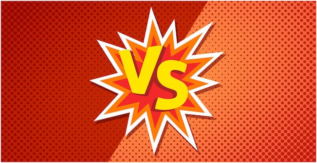 Vs or versus text poster for battle or fight game in blast flat cartoon design with red orange halftone background image