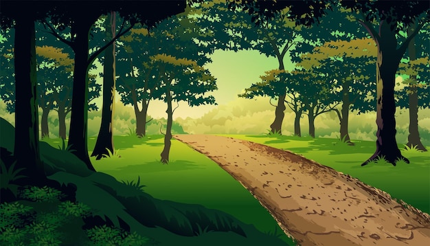 Vector vuil pad door een groen bos en over de bomen weelderige vegetatie vector illustratie