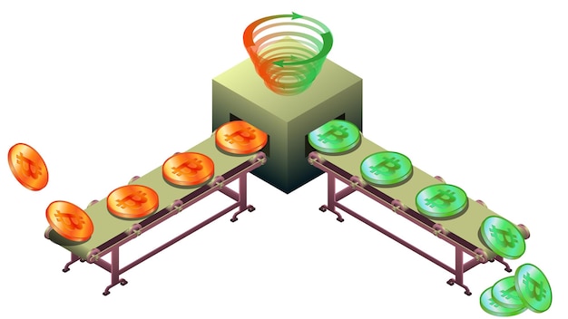 Vuile bitcoins op transportband gaan door tornado cash en worden schoon in isometrisch aanzicht geïsoleerd op wit tornado cash is service voor vertrouwelijke overdracht van cryptocurrency