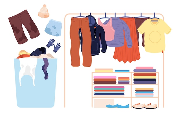 Vuile kleding. Wasstapel, mandkledingstapel voor wasmachine. Geïsoleerde schone mode broek trui rok t-shirt op hanger vectorillustratie. Stapel en mand met kleding en kleding
