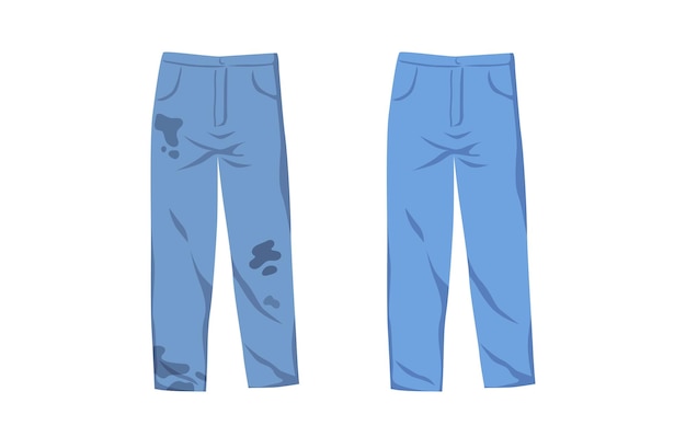 Vuile slordige jeans met vlekken en nette schone broek geïsoleerd op een witte achtergrond. Frisse nette broek met verwijderde modder en vlekken. Modderige en gewassen kleding. Gekleurde platte vectorillustratie.