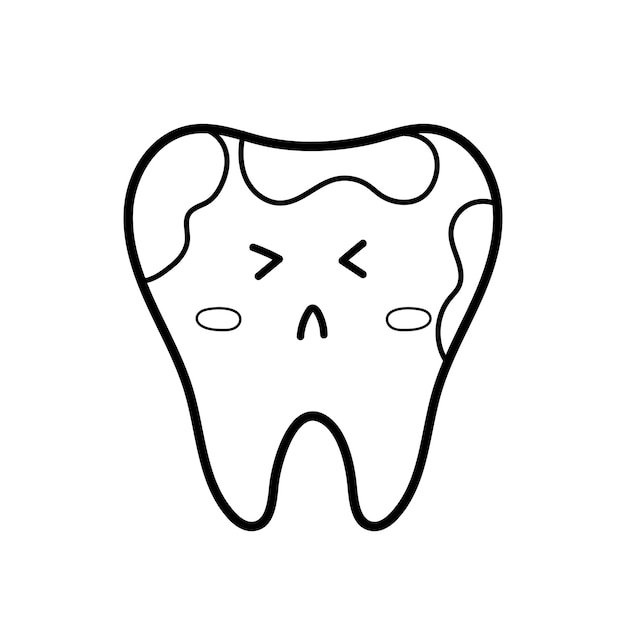 Vuile tand met cariës. Line art tandheelkundige karakter. Tanden gezondheidszorg zwart-wit concept