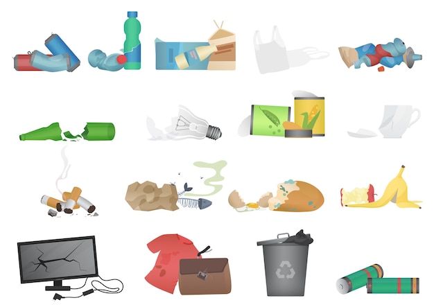 Vector vuilnis en afval realistische pictogrammen geplaatst illustratie