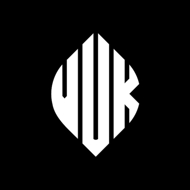 VUKのロゴデザインは円とエリプスの形を備えた VUK円形の文字です3つのイニシャルが円形のロゴを形成していますVUK 円形のエンブレムアブストラクトのモノグラム文字マークベクトル