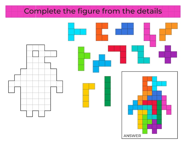 Vul de figuur in. Puzzelspel met Penguin. Educatief spel voor kinderen.