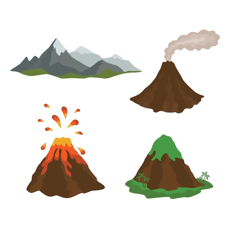 Vector vulkaan magma natuur opblazen met lava stroomt set