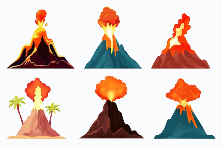 Vector vulkaan zet rock exploderen met magma rook en as