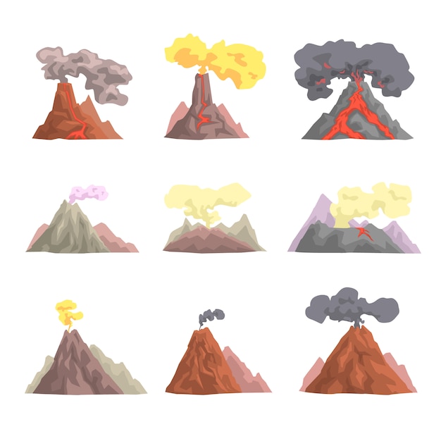 Vulkaanuitbarsting set, vulkanisch magma opblazen, lava stroomt cartoon illustraties