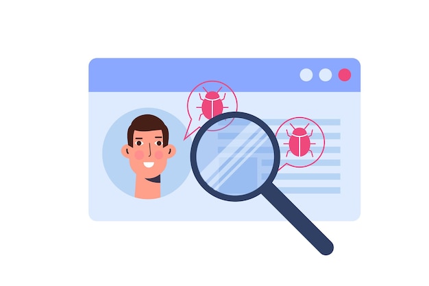 Vector vulnerability and bugs search or scan, finding malware concept.  vector illustration.