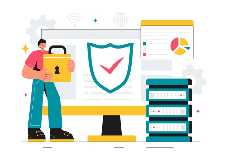 Vector vulnerability and threat management solutions vector illustration featuring data breach security attack hacker fraud and coding issues in background