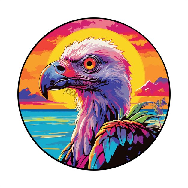 Vector vulture kleurrijke cartoon kawaii character beach sunset animal pet sticker geïsoleerde illustratie