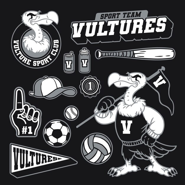 Vulture Mascot Sport Object Set in Vintage Retro Style