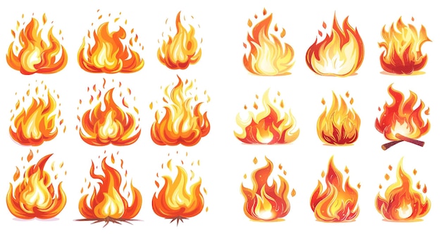 Vuurbal vlam rood heet vuur en kampvuur vurige silhouetten vector set