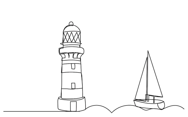 vuurtoren en zeil doorlopende lijntekening op een witte achtergrondvector