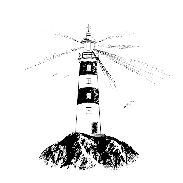 Vuurtoren getekend in zwarte inkt, borstel textuur. vector illustratie