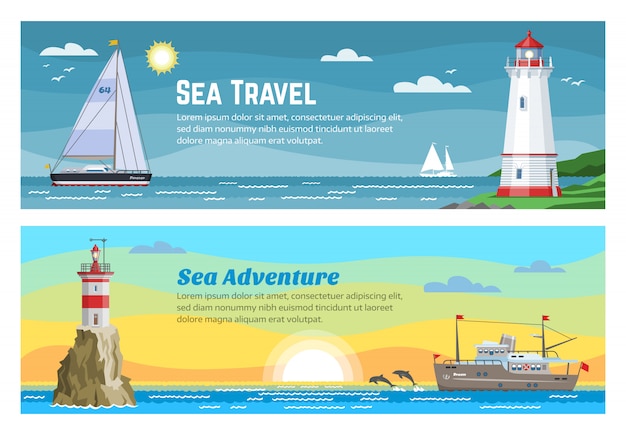 Vuurtoren overzeese reisbanners geplaatst illustratie van blauwe oceaan, eilandlandschap. zee met zeemeeuw, lucht en vuurtoren, navigatiebaken gebouw.
