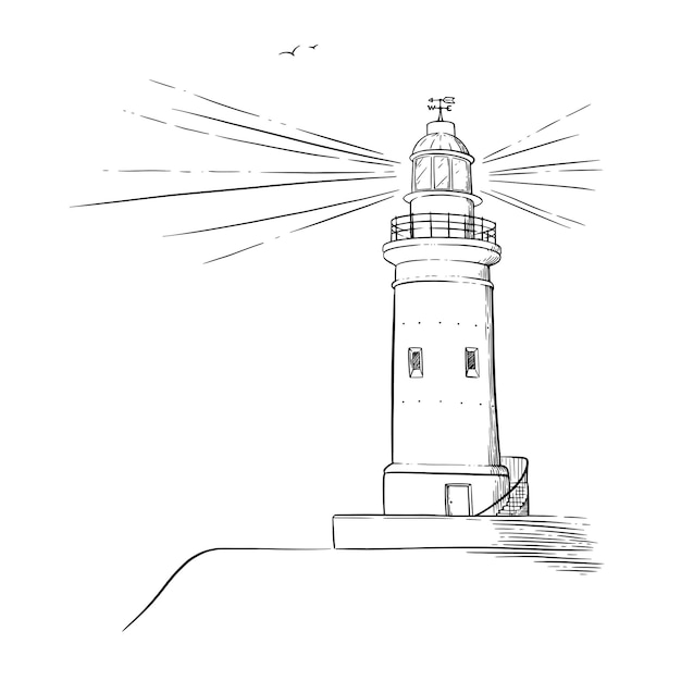 Vuurtoren schets. baken met een lichtstraal. vectorillustratie geïsoleerd op een witte achtergrond