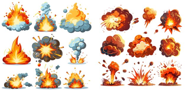 Vuurvlammen heet kampvuur explosieve bomwolken vlammen exploderen Vlam silhouetten geïsoleerde vector illustratie set