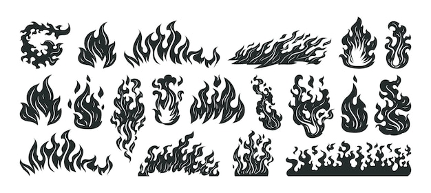 Vuurvlammen silhouetten Zwarte brandende vlammen Wildvuur rook en vuur brandende wolken silhouet vector illustraties set Cartoon vlammen silhoeetten op wit