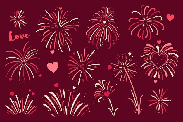 Vector vuurwerk met harten voor valentijnsdag.