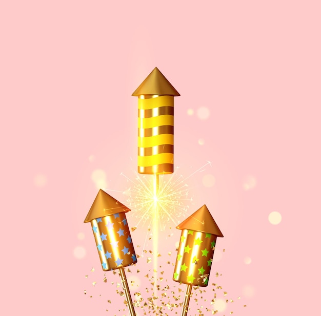 Vuurwerk set raket met glitter confetti. Feestelijk licht sprankelend flitsvuurwerk. Vier achtergrond met vuurwerk. Vakantie Realistische decoratie 3D-object. vectorillustratie