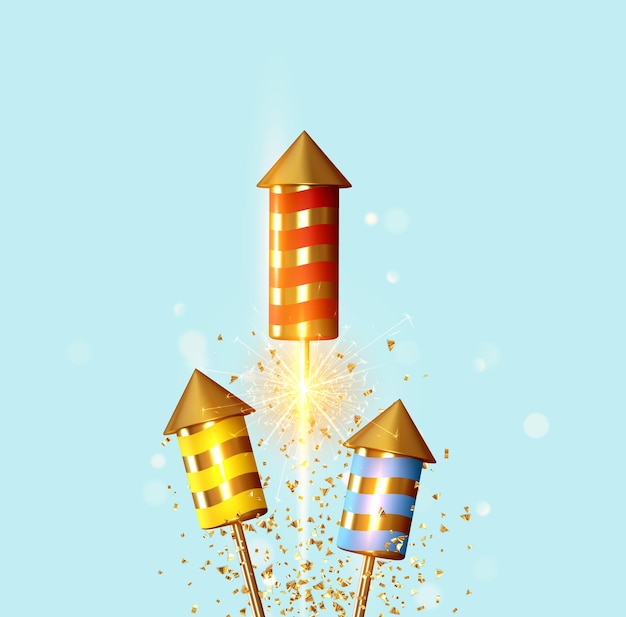 Vuurwerk set raket met glitter confetti. Feestelijk licht sprankelend flitsvuurwerk. Vier achtergrond met vuurwerk. Vakantie Realistische decoratie 3D-object. vectorillustratie