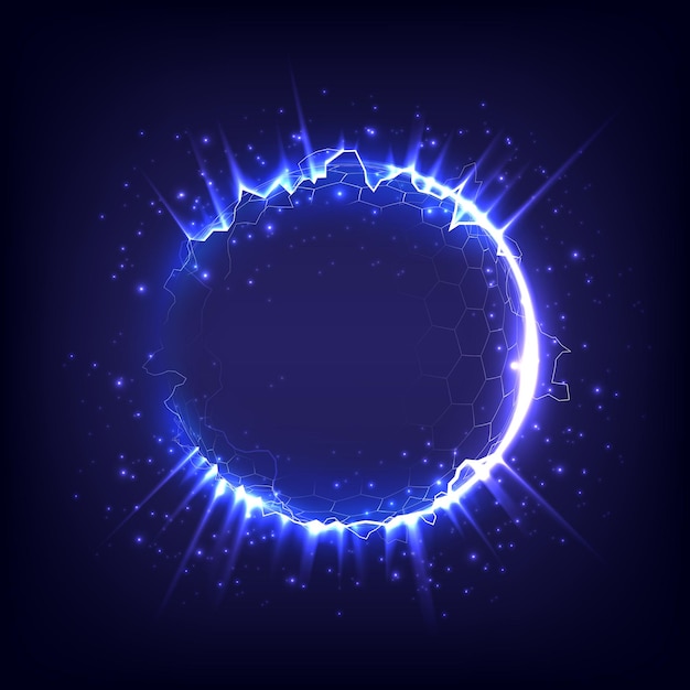Vector vuurwerkmodel gloeiende cirkel zonneschijn bliksemstraal en vonkenring neonlichttunnel heldere rand magische poort lichtgevend elektron en glinstering wervelend kosmische energie zeshoekige barrièrebol
