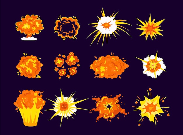 Vector vuurwolken van explosie platte vector illustraties set. cartoon tekeningen van rook, boem of knal komisch effect van crash, bom, dynamiet, explosieven op paarse achtergrond. gevaar, vernietigingsconcept