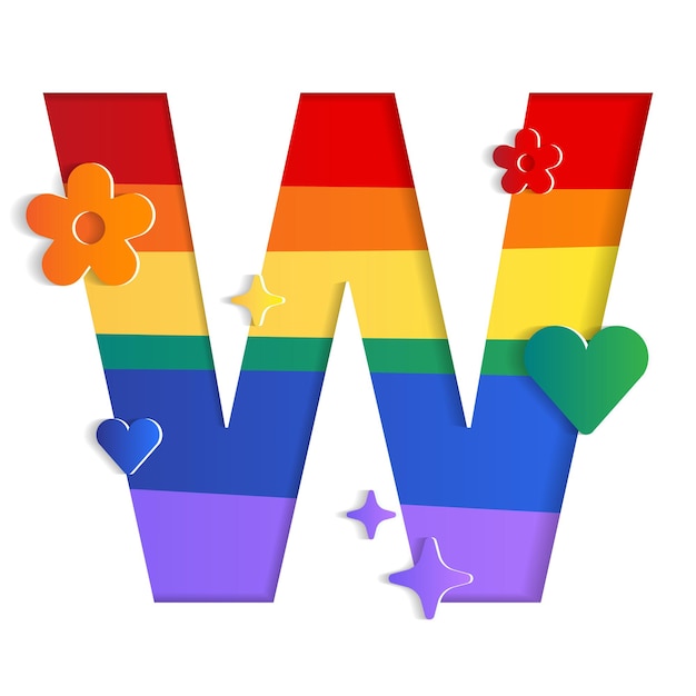 W Alphabet Character Font Letter Pride Month LGBTQ Rainbow 3D Paper Cutout Card Vector Illustration