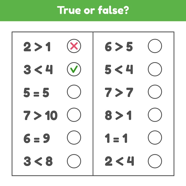 Waar of niet waar. Meer, minder of gelijk. Educatief wiskundig spel voor kinderen in de voorschoolse en schoolleeftijd.