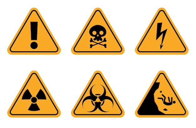 Vector waarschuwing aandacht pictogram gevaar veiligheid geel teken geïsoleerd set