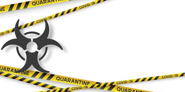 Waarschuwing coronavirus quarantainebanner met gele en zwarte strepen en 3d infectiesymbool. Virus Covid-19. Witte achtergrond met kopie ruimte. Quarantaine biohazard teken. Vector.
