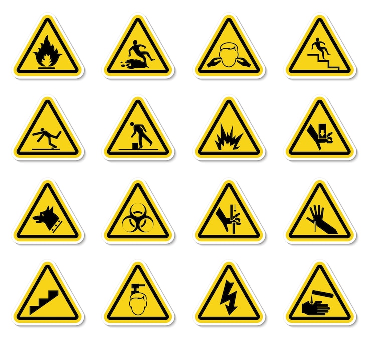 Vector waarschuwingsgevaarssymbolen etiketten teken geïsoleerd op witte achtergrond vectorillustratie
