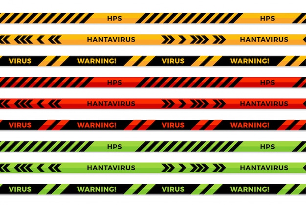 Waarschuwingsstrepen. Hantavirus HPS waarschuwt naadloze strepen. Symbool voor biohazard in quarantaine. Waarschuwingslijn collectie zwarte, rode, groene en gele kleur.