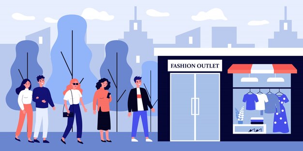 Wachtrij van mensen die wachten op opening van een trendy mode-outlet