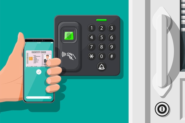 Wachtwoord en vingerafdrukbeveiligingsapparaat op kantoor of thuisdeur. Hand met smartphone met identiteitskaarttoepassing. Toegangscontrole machine, tijdregistratie. Proximity-kaartlezer. Platte vectorillustratie