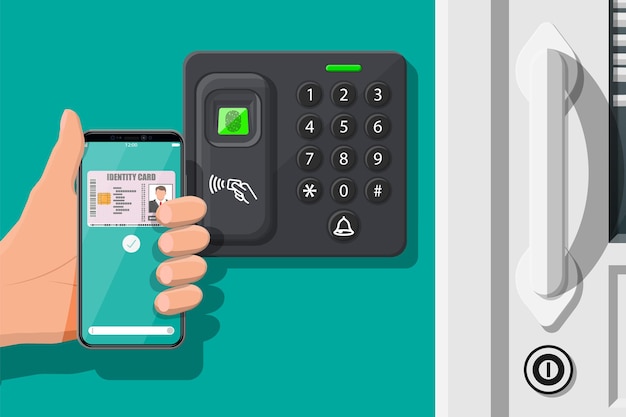 Wachtwoord en vingerafdrukbeveiligingsapparaat op kantoor of thuisdeur. hand met smartphone met identiteitskaarttoepassing. toegangscontrole machine, tijdregistratie. proximity-kaartlezer. platte vectorillustratie