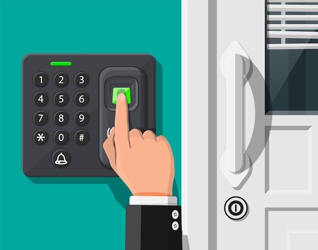 Wachtwoord en vingerafdrukbeveiligingsapparaat op kantoor of thuisdeur. Toegangscontrole machine of tijd de aanwezigheid. Proximity-kaartlezer. Vectorillustratie in vlakke stijl