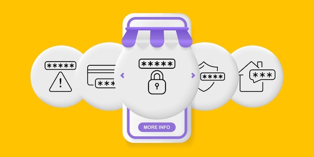 Wachtwoorden ingesteld pictogram waarschuwingsbord telefoon bankkaart schild slot grafisch sleutel veiligheid van persoonlijke gegevens pincode trefwoord privé informatie privacy concept ui telefoon app schermen vector lijn pictogram