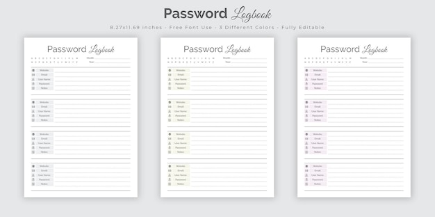 Vector wachtwoordlogboek en wachtwoordtracker planner interieurontwerpsjabloon