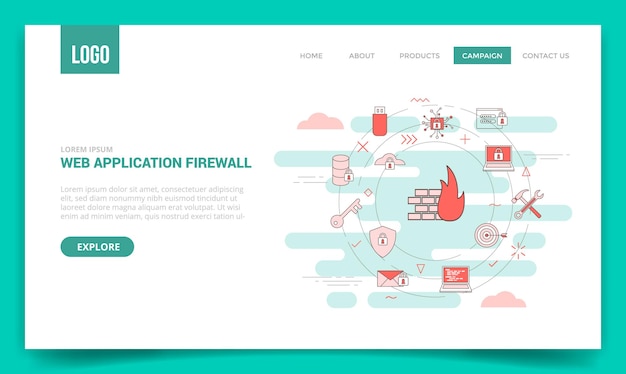 Waf-webtoepassingsfirewallconcept met cirkelpictogram voor websitesjabloon of startpagina-homepagevector