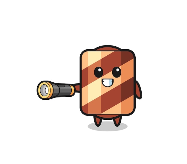 Wafer roll mascot holding flashlight cute design