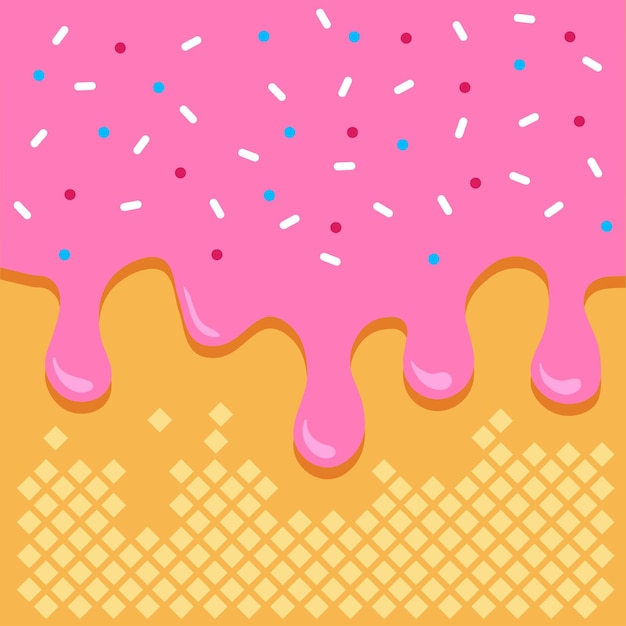 Vector waffle background with pink ice cream flowing down wafer with sweet glaze vector